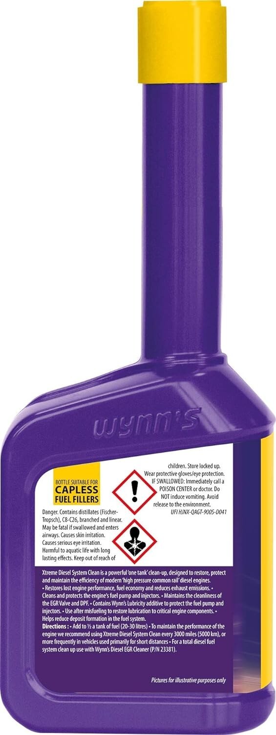 Diesel EGR valve and DPF cleaner fuel additive 325ml bottle close up label Wynns cleaner