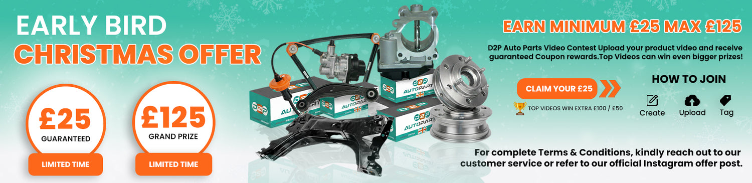 D2P Auto Parts Christmas Offer banner with £25 guaranteed reward, £125 grand prize, and auto parts images.