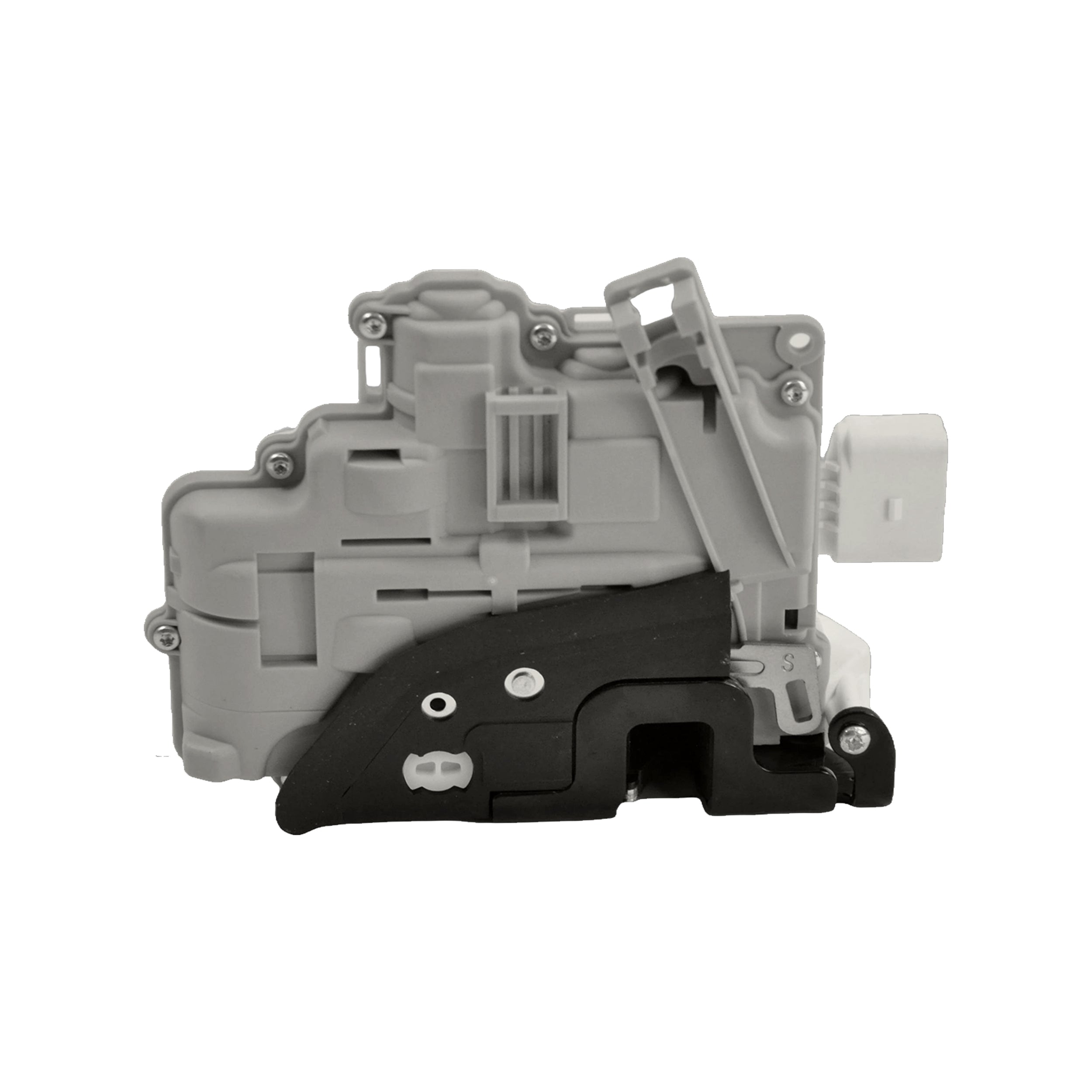 Detailed view of locking latch plate and electric actuator for rear door