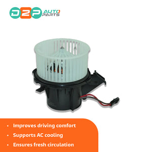 Close-up of Audi blower motor fan housing and connector plug