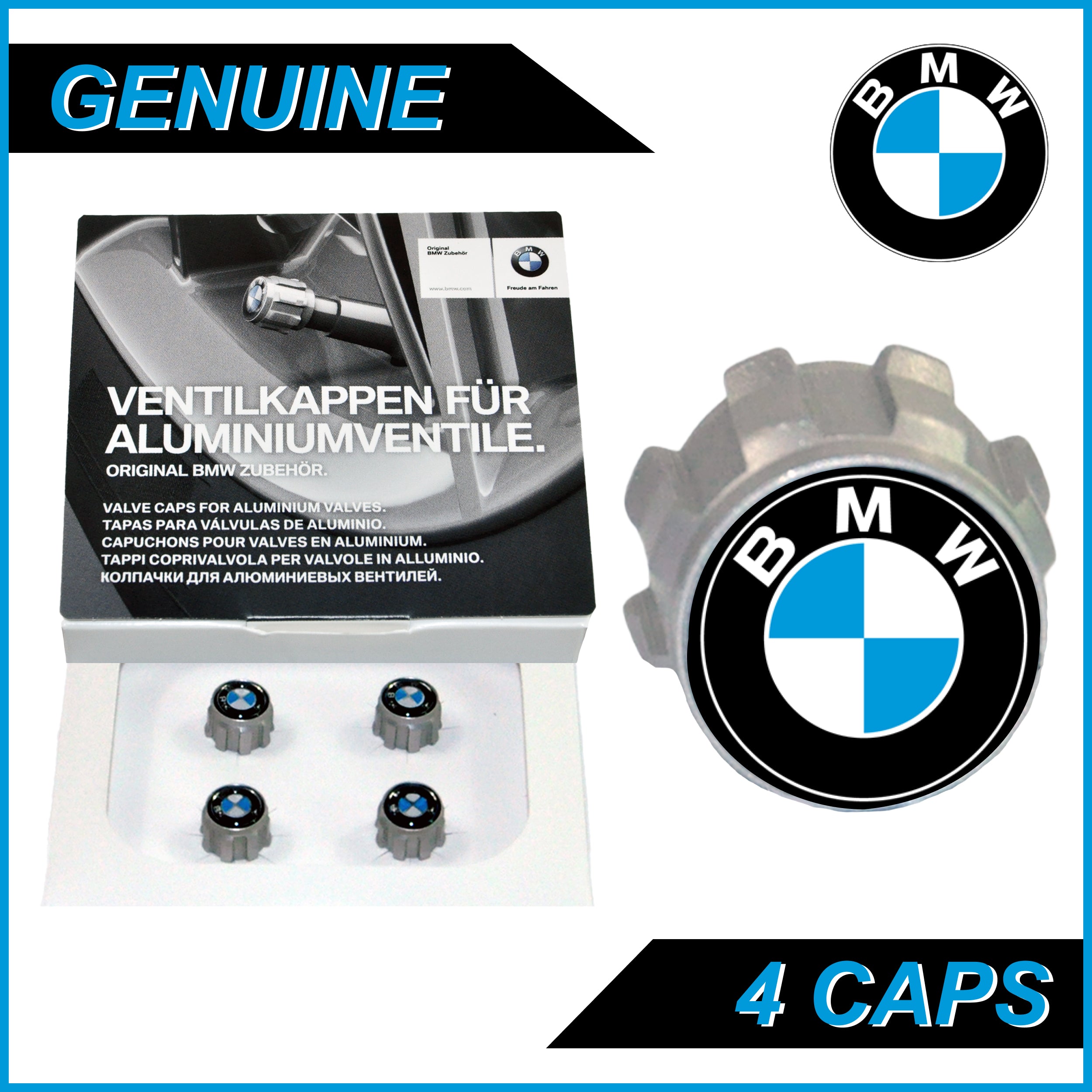 Genuine aluminium TPMS tyre valve caps pack of 4 for BMW 36122447401