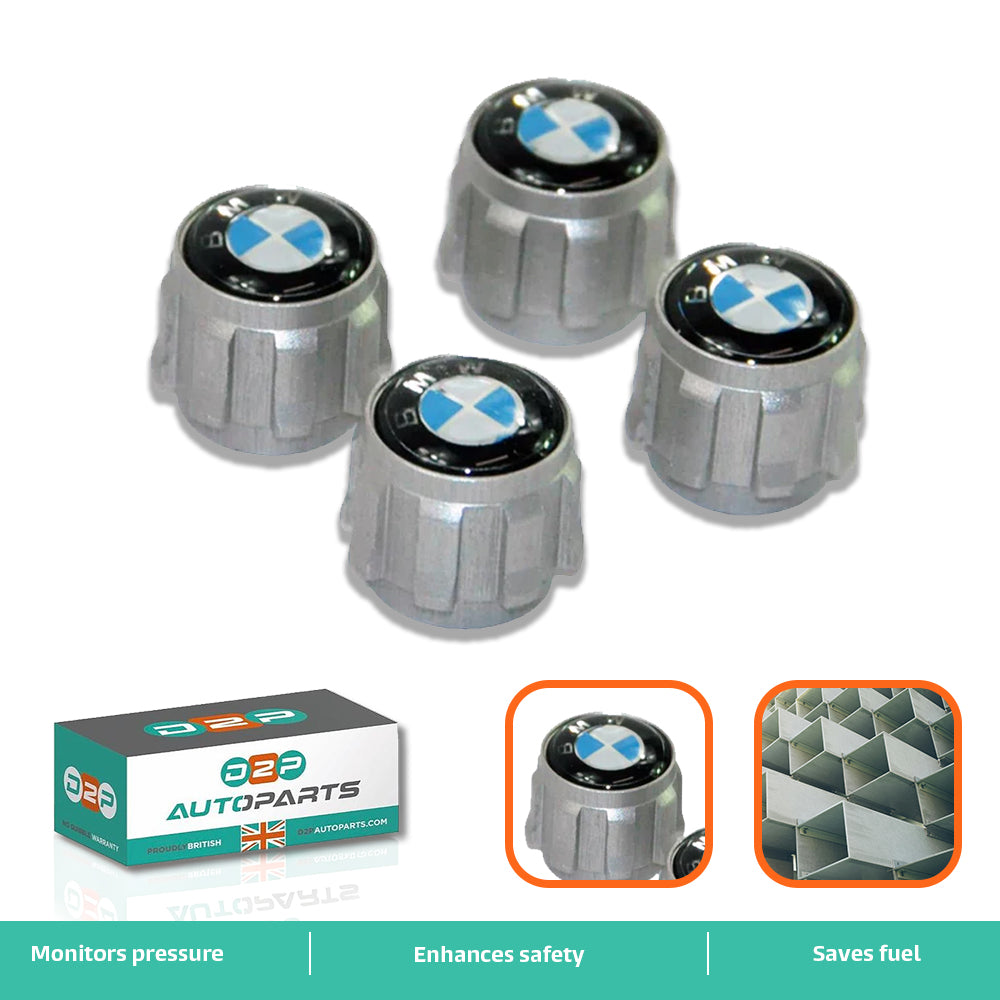 4‑piece aluminium TPMS compatible valve caps set for BMW wheels