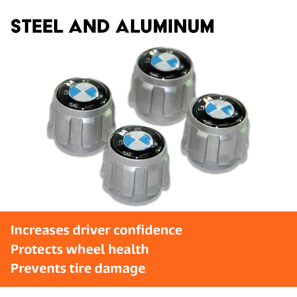 Close-up of aluminium TPMS tyre valve cap for BMW wheel