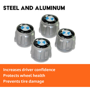Close-up of aluminium TPMS tyre valve cap for BMW wheel