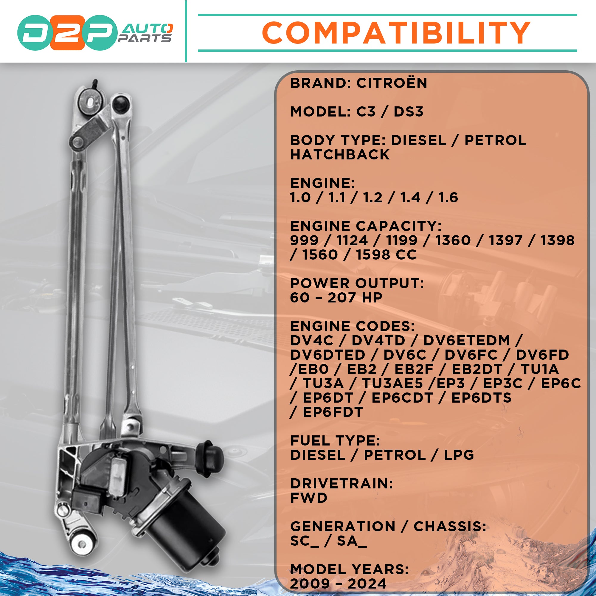 DS3 front wiper motor linkage assembly RHD spare part