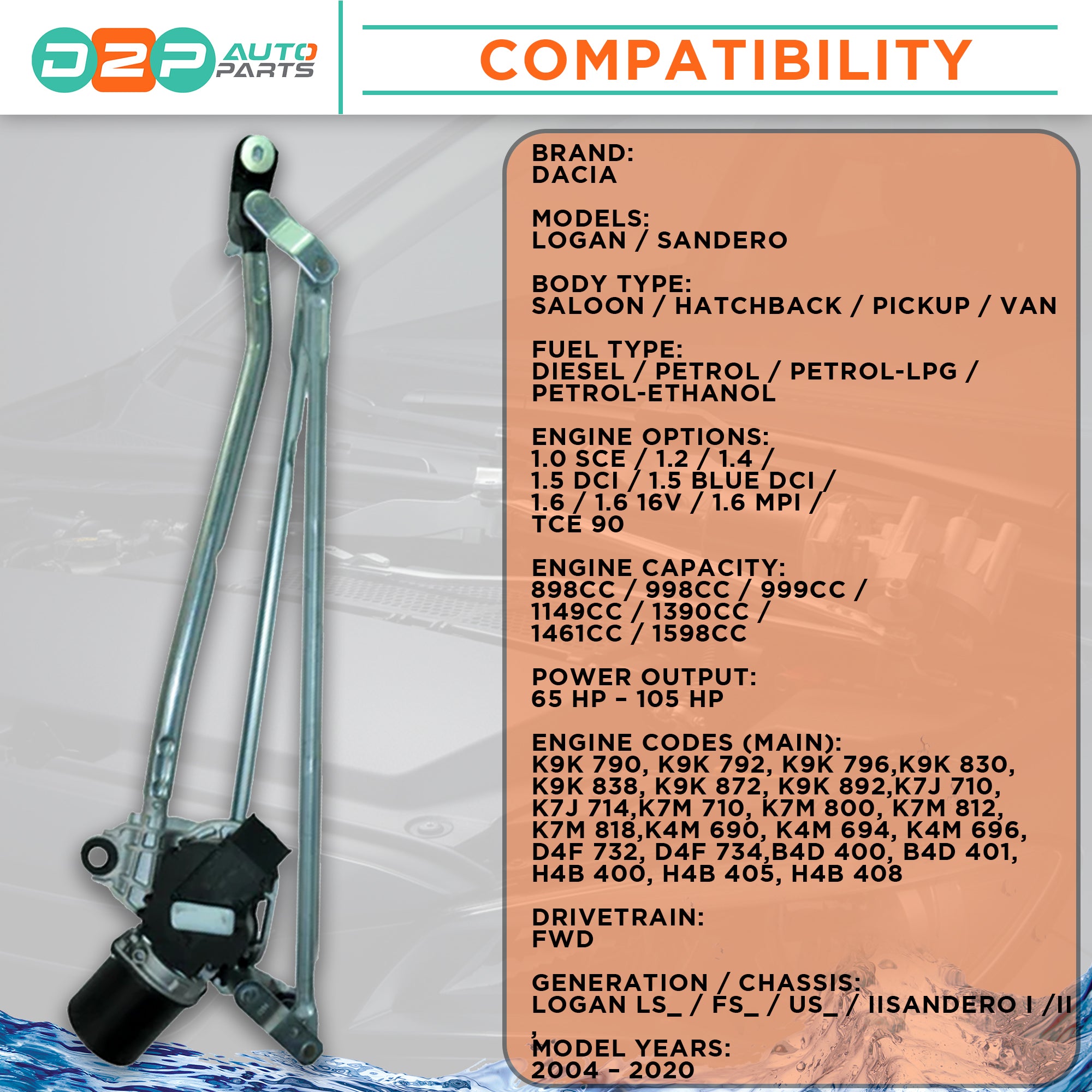  Compatibility of Front Windscreen Wiper Motor & Linkage for Dacia Logan & Sandero (2013–2022) – OEM Replacement 288006475R 