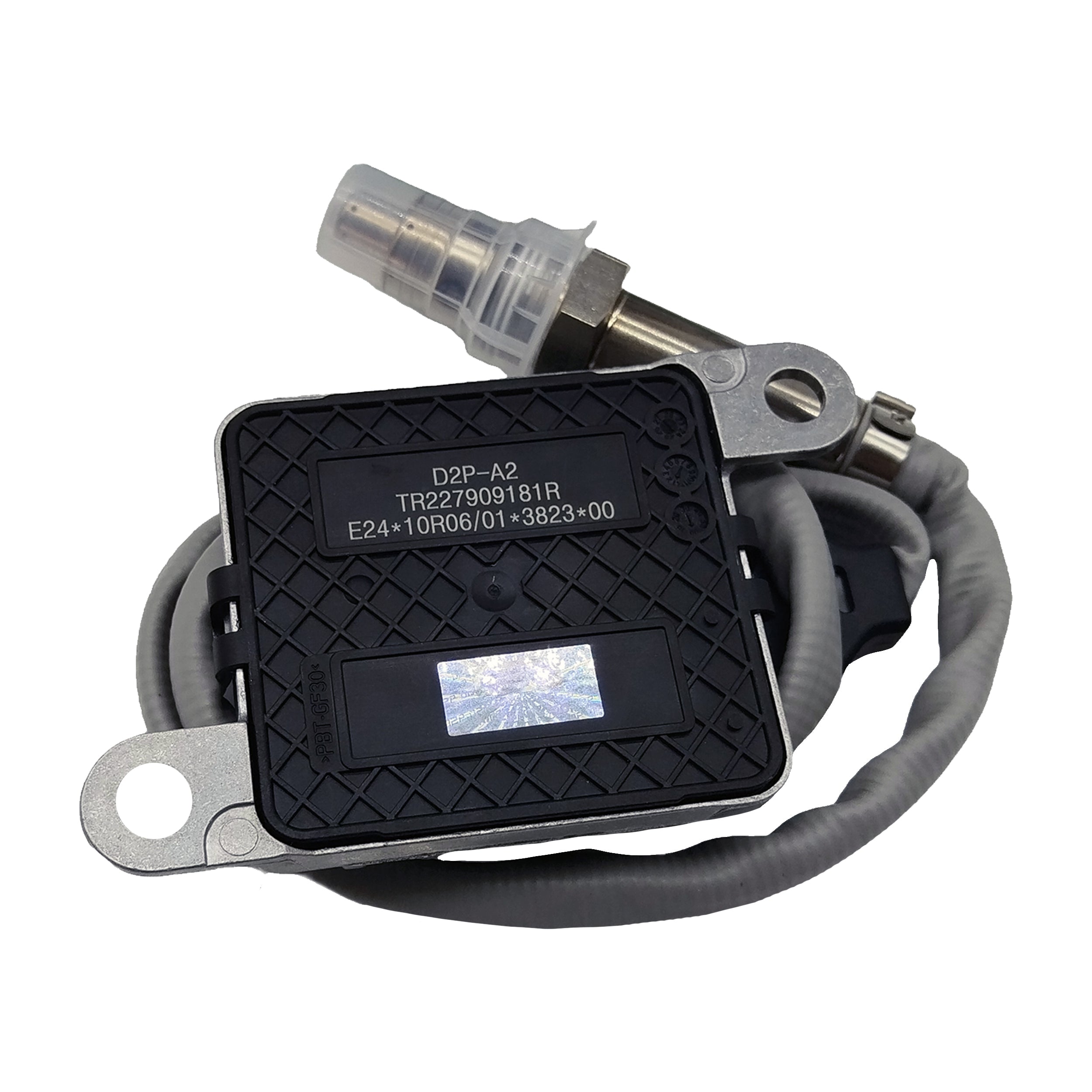 New NOx sensor on white background – exhaust pollution control part