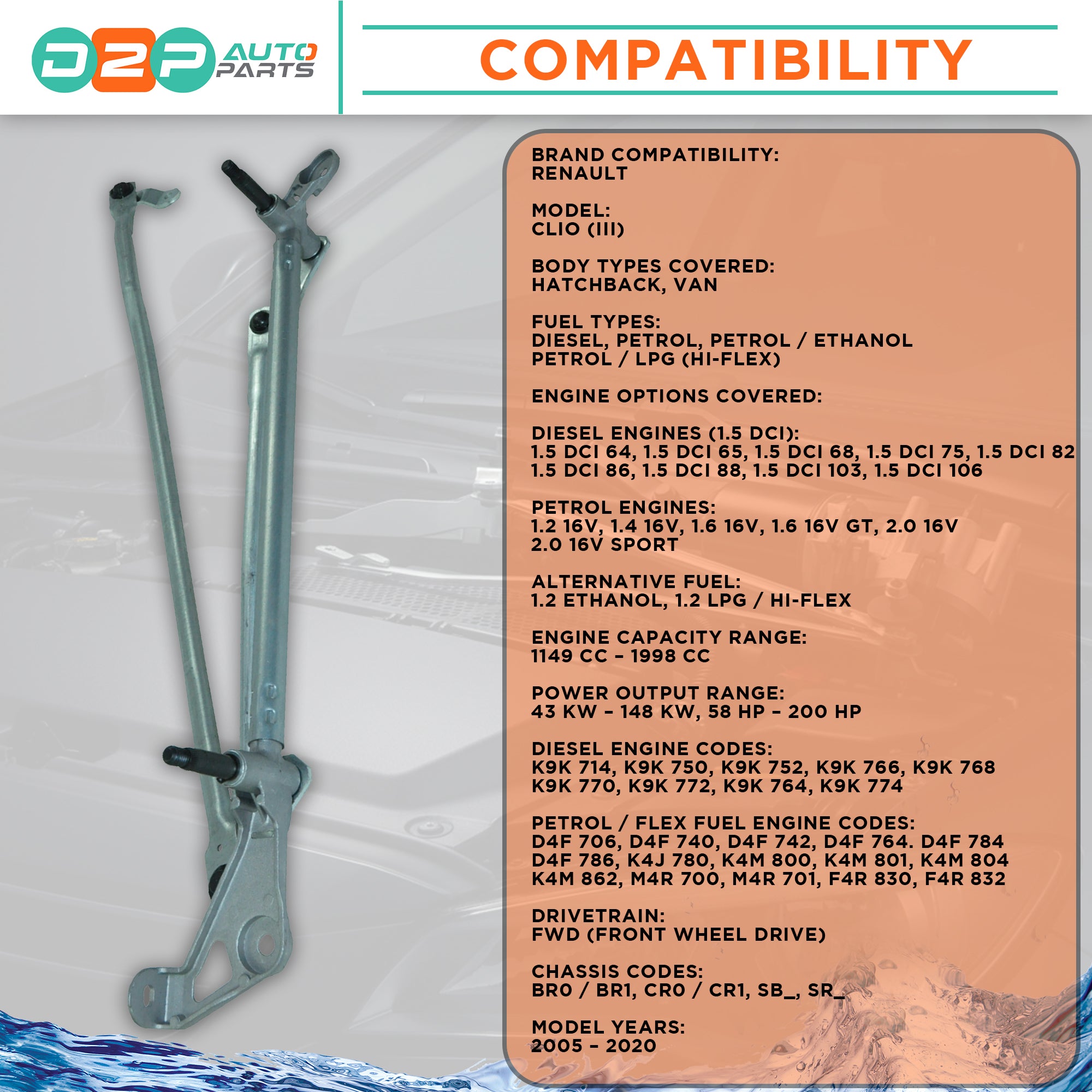 Renault Clio front wiper linkage with motor replacement compatibility